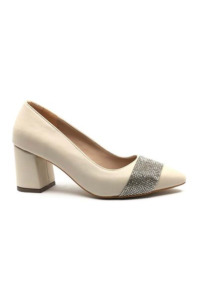 Kids Club Shoes Mehtap Thick Stripe Stone Detailed 6 cm Heeled Women's Classic Shoes TEN