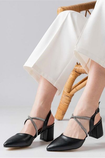 Kids Club Shoes Feles Cross Stripe Stone Detailed Classic Heeled Women's Shoes BLACK