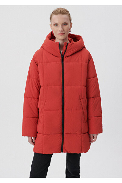 Mavi Kapitone Kapüşonlu Kırmızı Şişme Mont Loose Fit / Bol Rahat Kesim 1110218-70403