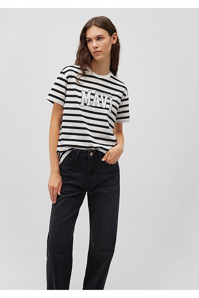 Mavi Schwarz gestreiftes T-Shirt mit Logodruck, normale Passform / normaler Schnitt 1611360-84041