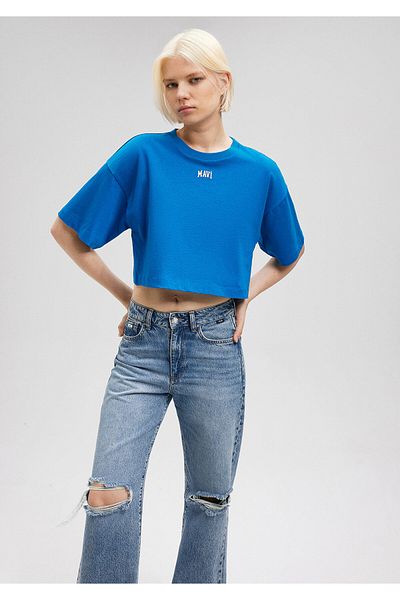 Mavi Marineblaues Crop-T-Shirt mit Logo-Print, Crop / Short Cut 1611585-70910