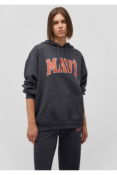 Mavi Anthrazitfarbenes Sweatshirt mit Kapuze und Logo-Print 1600361 -80106
