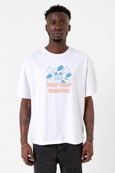 Tshirthane One Piece Anime Tony Tony Chopper Jolly Roger Λευκό ανδρικό μπλουζάκι μεγάλου μεγέθους