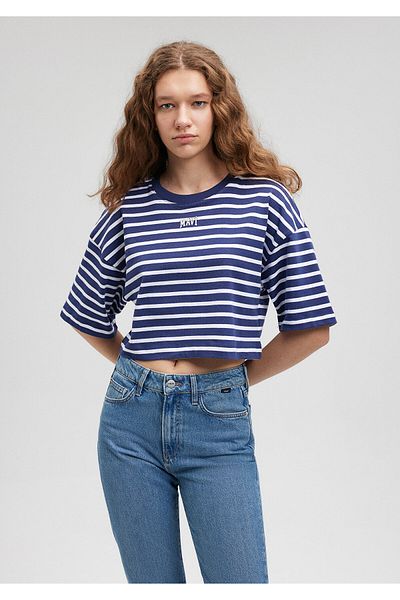 Mavi Potištěné logo Striped Striped Navy Blue Crop Tričko Crop / Short Cut1612228-86681