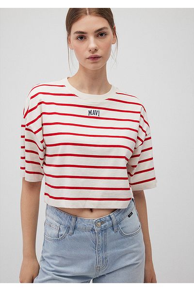 Mavi Rotes gestreiftes, mit Logo bedrucktes Crop-T-Shirt - Kurzer Schnitt 1612227 -86680