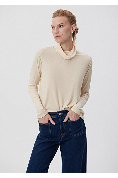 Mavi Dik Yaka Bej Tişört Loose Fit / Bol Rahat Kesim 1612023-70061