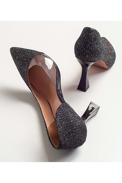 Kids Club Shoes Feles Goblet Toc Side Transparent Stiletto Pantofi de damă cu toc NEGRU-SILVERY
