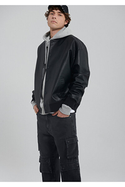 Mavi Siyah Suni Deri Bomber Ceket Oversize / Geniş Kesim 0110317-71379