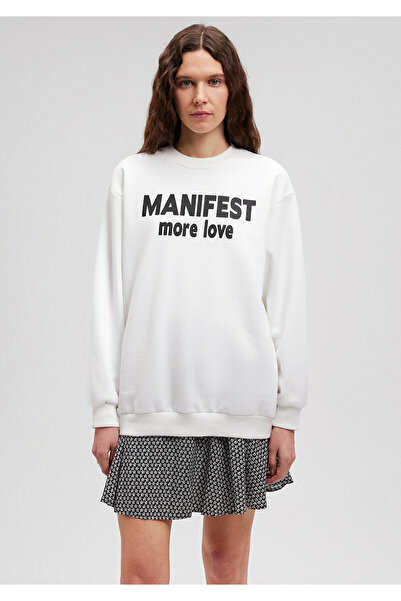 Mavi Baskılı Bisiklet Yaka Beyaz Sweatshirt 1s10083-70057