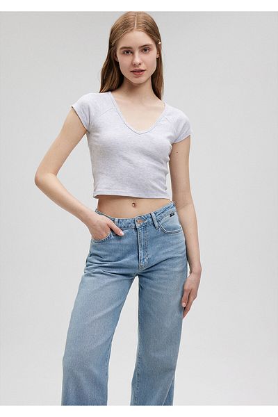Mavi Gray V-Neck Crop T-Shirt - Short Cut 1612339 -83096