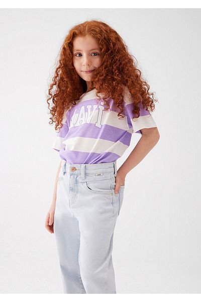 Mavi Logo Printed Purple Striped T-Shirt Loose Fit / Loose Relaxed Fit7610191-70506