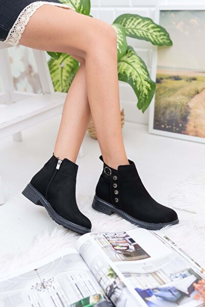 Kocamanlar Ayakkabı Mehtap Yandan Dört Zımba Tokalı Spor Kadın Bot SİYAH-SÜET