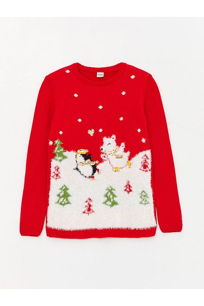 LC Waikiki Lcw Crew Neck Christmas Themed Long Sleeve Girl's Knitwear Sweater