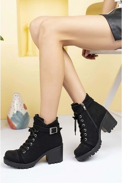 Kids Club Shoes Ayakdaş 4031 Buckle Λεπτομερείς γυναικείες μπότες με τακούνι ΜΑΥΡΟ