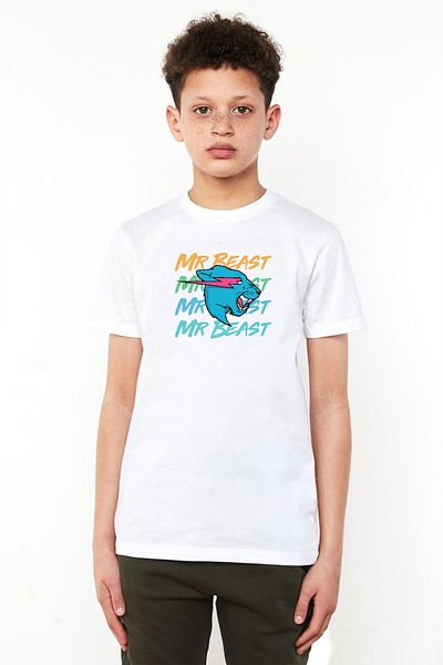 Tshirthane Mr Beast Lettern Λευκό Παιδικό Ποδηλατικό Μπλουζάκι