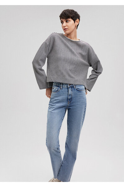 Mavi Çizgili Lacivert Tişört Loose Fit / Bol Rahat Kesim 1612672-88043