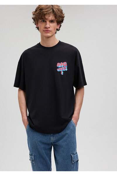 Mavi Baskılı Siyah Tişört Oversize / Geniş Kesim 0612103-900