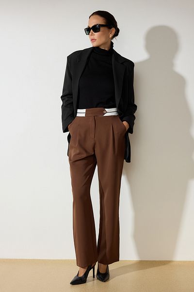 Trendyol Collection Waist Detailed Wide Leg Brown Fabric Trousers - Twoaw24Pl00037