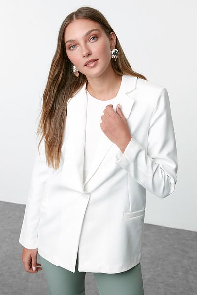 Trendyol Collection Fehér, normál bélés, részletesen szőtt blézerkabát TWOAW20CE0316