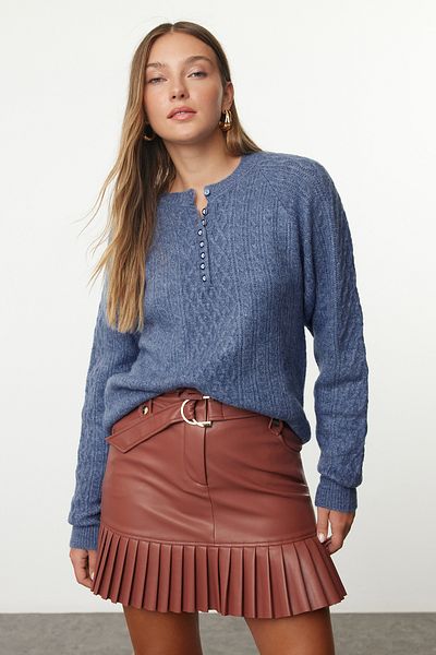 Trendyol Collection Pulover din tricotaje Indigo Wide Fit - Textura moale TWOAW25KZ00303