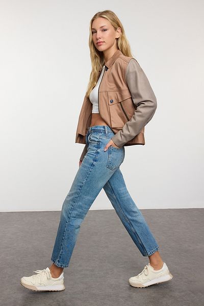 Trendyol Collection Blugi drepti albaștri cu talie înaltă - TWOAW25JE00124