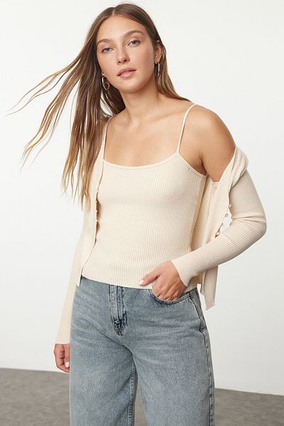 Trendyol Collection Set de bluză și cardigan din tricotaje subțiri Stone Crop - TWOAW25HI00302