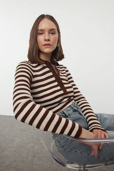 Trendyol Collection Polo Neck Striped Knitwear Sweater - Brown Twoaw25kz00349