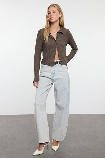 Trendyol Collection Blugi Barrel albastru deschis cu talie înaltă - TWOAW25JE00067