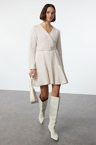 Trendyol Collection Tweed szőtt miniruha - Ecru, Flounce szoknya, Twoaw25el00354