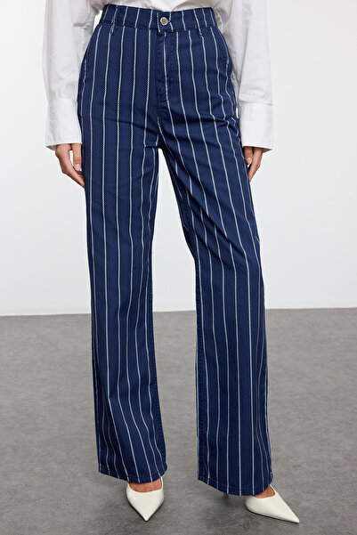 Trendyol Collection Magas derekú sötétkék láncos csíkos széles lábú farmernadrág - Twoaw25je00342