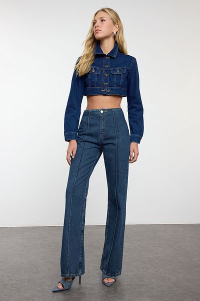 Trendyol Collection Sötétkék varrás, magas derekú, széles lábú farmernadrág TWOAW25JE00241
