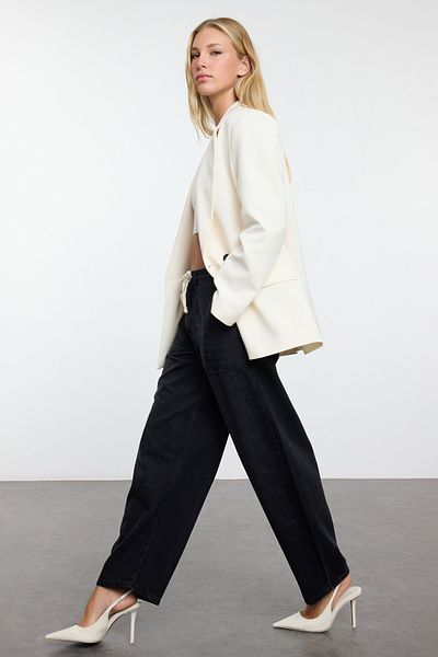 Trendyol Collection Blugi largi cu talie înaltă cu șireturi negre TWOAW25JE00099