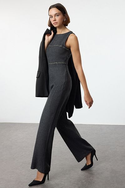 Trendyol Collection Langer anthrazitfarbener Overall – Streifendetail, Winter, TWOAW25TU00019