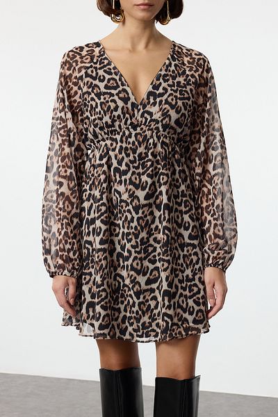Trendyol Collection A-Linien-Minikleid aus Chiffon – braunes Leopardenmuster, Bindekragen und Futter TWOSS23EL00519