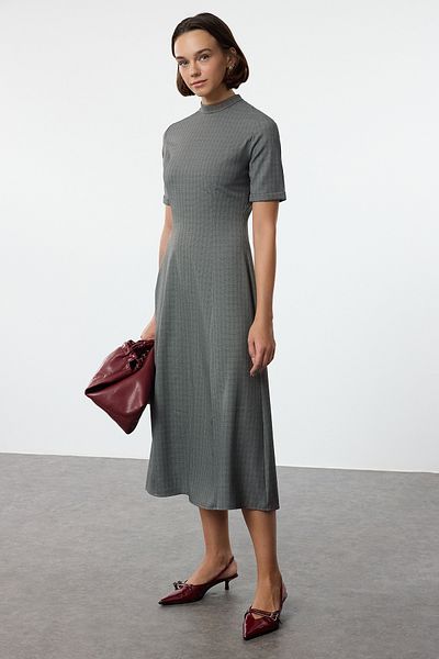 Trendyol Collection Gray Plaid Pattern - Waist Opening Midi Dress Twoaw25el00333