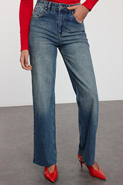 Trendyol Collection Sötétkék széles lábszárú farmernadrág - normál derék TWOAW25JE00137