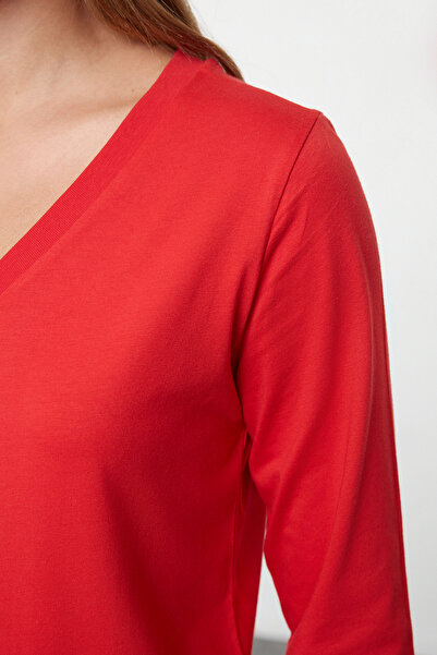Trendyol Collection Piros V-nyakú, hosszú ujjú 100% pamut póló - Twoaw21ts0099