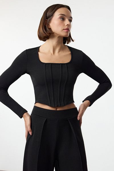 Trendyol Collection Τετράγωνο γιακά Μαύρη Πλεκτή Μπλούζα - Εφαρμόσιμη, Ραμμένη Κούνια Twoaw25Bz00237
