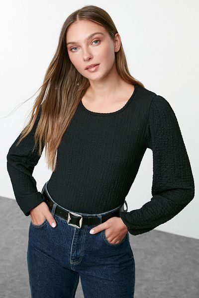 Trendyol Collection Μαύρη πλεκτή μπλούζα ελαστική μακρυμάνικη - κανονική εφαρμογή Twoaw25Bz00226