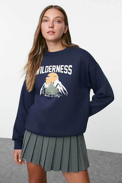 Trendyol Collection Vastag szabású sötétkék nyomott polár kötött pulóver - laza szabású Twoaw23Sw00559