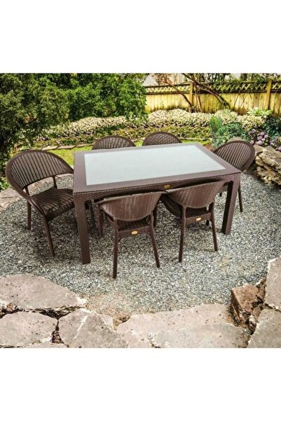 Capissi Rattan Camlı Masa Takımı 90x150 Ölçü Masa 6 Adet Bambu Rattan Koltuk