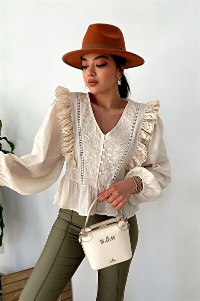 MELEK KOSTAK Kadın Bej Dantel Volan Fisto Detay Balon Kol Nakışlı Tasarım Ket...