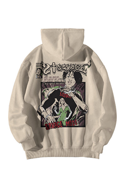 Stadium 21 Savage Savage Mode Printed Unisex Bej Oversize Hoodie cu glugă cu ...
