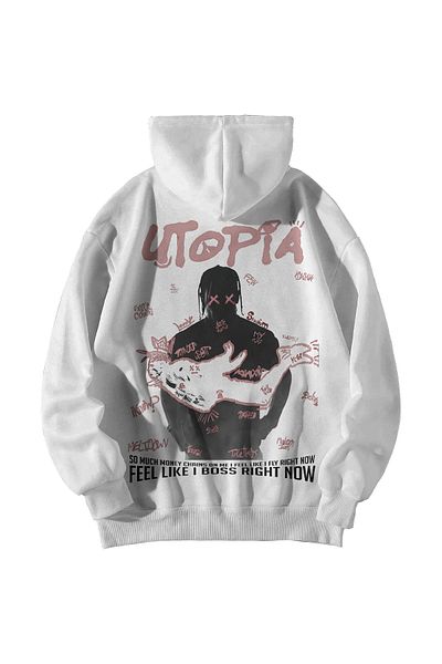 Stadium Travis Scott Boss Printed Unisex White Oversize Hooded Hoodie - Kangaroo Pocket