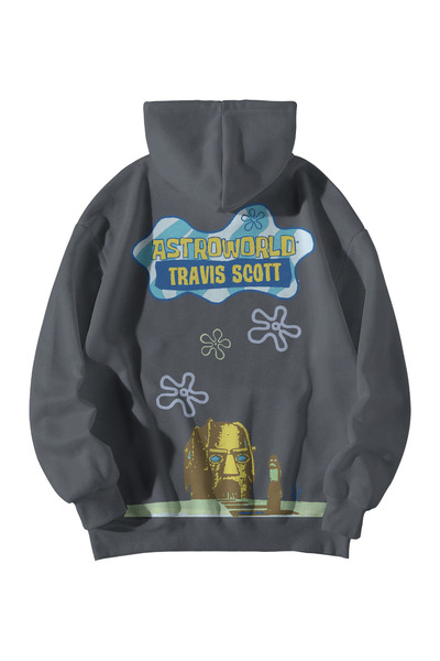 Scrovtie هودي بغطاء للرأس كبير الحجم مطبوع عليه Astroworld Travis Scott من Anthracite مع جيب الكنغر - للنساء والرجال