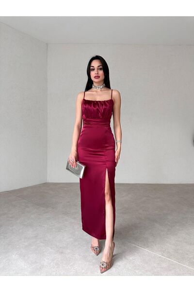 popibutik YIRTMAÇ DETAYLI ASKILI SATEN ELBİSE