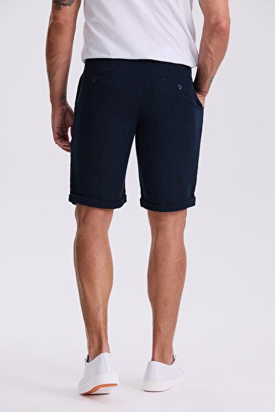 Jakamen Dark Navy Blue Comfort Fit Linen Textured Relaxed Cut Double Leg Shorts