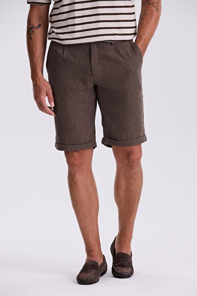 Jakamen Brown Comfort Fit Linen Textured Relaxed Cut Double Leg Shorts