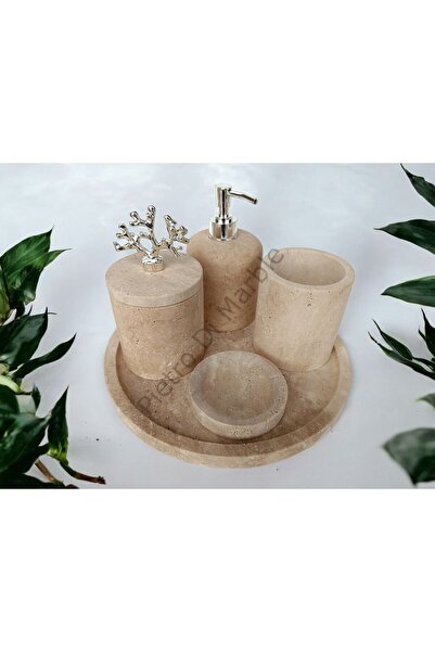 Pietro Di Marble Sarı Traverten Klasik Model 5 Parça Gümüş Renk Mercan Aksesu...