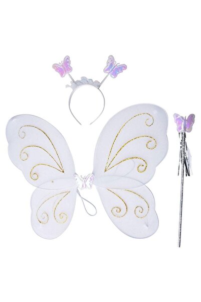 Pandoli Beyaz Renk Kelebek Kanat Set 50 Cm Kanat Asa Taç 3 Lü Set Gösteri